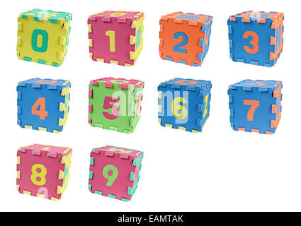 Toy blocks forming cubes with the number zero to nine isolated on white background Stock Photo