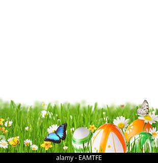 Colored easter eggs in grass. Free space for text Stock Photo