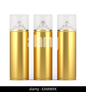 3d render of blank golden spray paint cans with cap. Isolated on white background Stock Photo