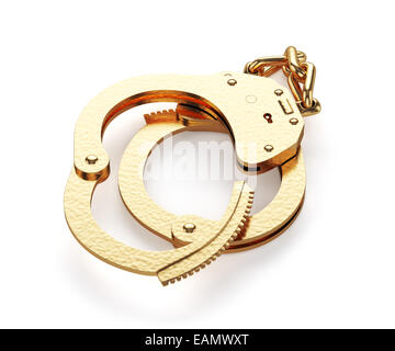 3d render of gold handcuffs isolated on white background Stock Photo