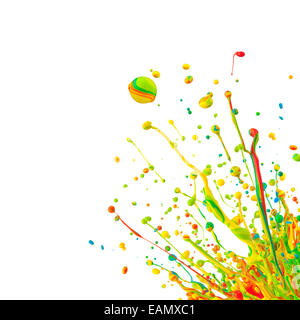 Super macro shot of colored paint splashes 'dancing' on sound waves, isolated on white background Stock Photo