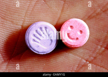 E Ecstasy pills or tablets close up studio shot methylenedioxymethamphetamine. Stock Photo