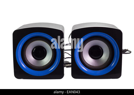 PC computer speakers with blue and black design on isolate white background Stock Photo