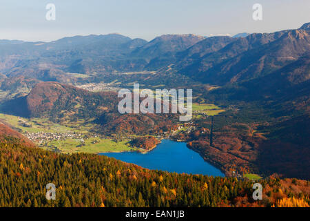 View to Bohinj lake from the top of mountain - areal view. Stock Photo