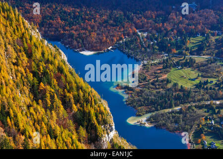 View to Bohinj lake from the top of mountain - areal view. Stock Photo