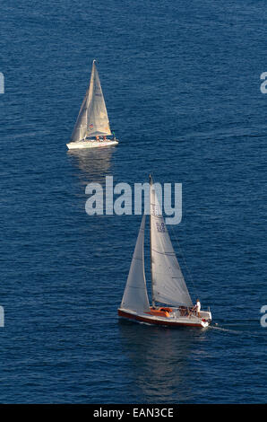 Sailing yacht cruiser/racers sailing on a collision course with close hauled boat in foreground having 'Right of Way'.