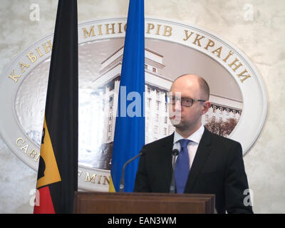 Kiev, Ukraine. 18th Nov, 2014. Prime Minister Arseniy Yatsenyuk. -- German Foreign Minister stated that the Minsk agreement are not met. In particular, he said: 'The situation is tense in the east of Ukraine within three months increased. We were very pleased that, after a phase of calm in Minsk, which is slightly decreased fighting that has fallen and the number of deaths daily, but now again came a situation in which we must do everything possible to contain the situation and return to the state it was before, but it should be the basis on which we can always refer to and we need to carry ou Stock Photo