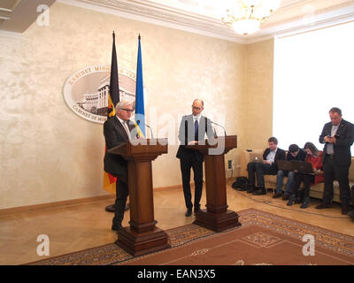 Kiev, Ukraine. 18th Nov, 2014. Prime Minister Arseniy Yatsenyuk and German Foreign Minister stated that the Minsk agreement are not met. In particular, he said: 'The situation is tense in the east of Ukraine within three months increased. We were very pleased that, after a phase of calm in Minsk, which is slightly decreased fighting that has fallen and the number of deaths daily, but now again came a situation in which we must do everything possible to contain the situation and return to the state it was before, but it should be the basis on which we can always refer to an © Igor Golovnov/Alam Stock Photo