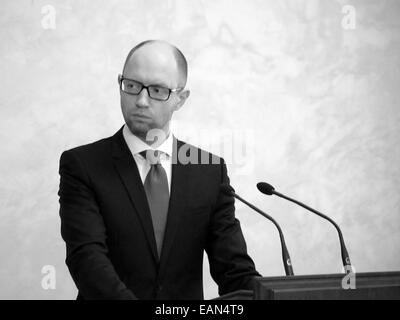 Prime Minister Arseniy Yatsenyuk. 18th Nov, 2014. -- German Foreign Minister stated that the Minsk agreement are not met.In particular, he said: ''The situation is tense in the east of Ukraine within three months increased. We were very pleased that, after a phase of calm in Minsk, which is slightly decreased fighting that has fallen and the number of deaths daily, but now again came a situation in which we must do everything possible to contain the situation and return to the state it was before, but it should be the basis on which we can always refer to and we need to carry out the agreemen Stock Photo