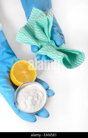 Eco-friendly natural cleaners baking soda, lemon and cleaning cloths Stock Photo