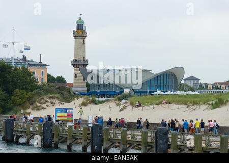 Landmark Warnemunde, lighthouse and building Teepott. View from the sea Stock Photo