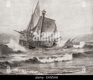 The wreck of Columbus's ship the Santa María, 25 December, 1492, off the coast of the island of Hispaniola. Stock Photo