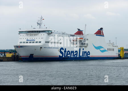 Train ferry Mecklenburg-Vorpommern, the world's largest ferry operator Stena Line in the seaport of Rostock. Stock Photo