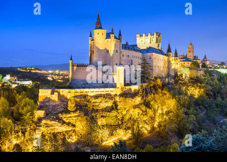 Segovia, Spain town skyline with the Alcazar at night. Stock Photo
