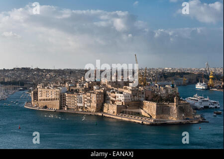 Fort Saint Michael and the Grand Harbour seen from the Upper Barrakka Gardens in Valletta, Malta Stock Photo