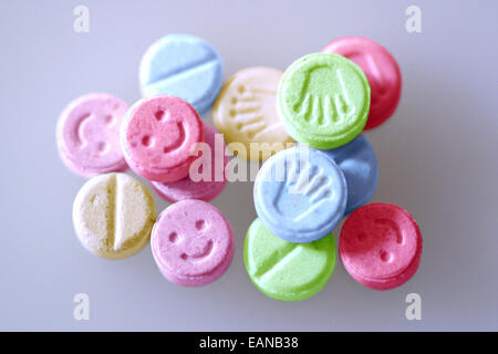 E Ecstasy pills or tablets close up studio shot methylenedioxymethamphetamine Stock Photo