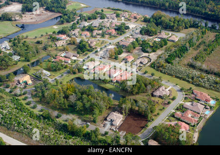 Aerial View of urban sprawl and the Grande Dunes community in Myrtle Beach, South Carolina. All logos have been removed. Stock Photo