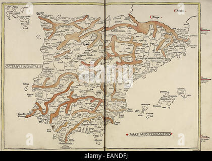 Map of Spain from ‘Cosmographia’ by Claudius Ptolemy (Ptolemaeus) (90-168AD). See description for more information. Stock Photo