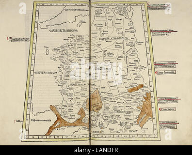 Map of Belgium & France from ‘Cosmographia’ by Claudius Ptolemy (Ptolemaeus) (90-168AD). See description for more information. Stock Photo