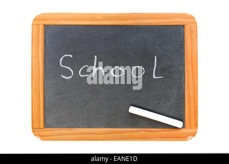 School written on vintage chalkboard and a chalk on the board, isolated on white Stock Photo