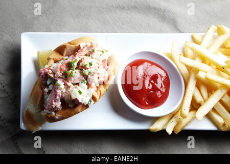 Main Lobster roll with french fries catchup on a white plate