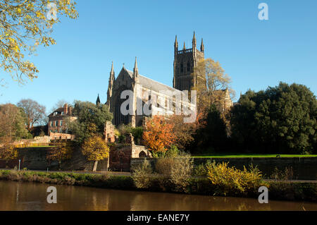 Worcester Cathedral and River Severn in autumn, Worcestershire, UK Stock Photo