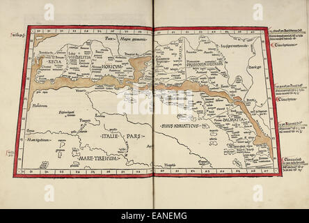 Map of Croatia from ‘Cosmographia’ by Claudius Ptolemy (Ptolemaeus) (90-168AD). See description for more information. Stock Photo