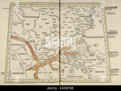 Map of the Balkans from ‘Cosmographia’ by Claudius Ptolemy (Ptolemaeus) (90-168AD). See description for more information. Stock Photo