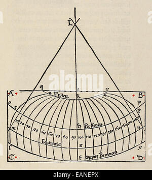 Spherical projection from ‘Cosmographia’ by Claudius Ptolemy (Ptolemaeus) (90-168AD). See description for more information. Stock Photo