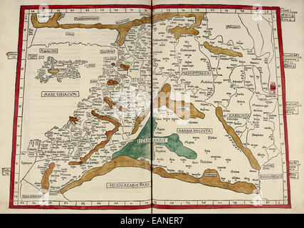 Map of Mesopotamia from ‘Cosmographia’ by Claudius Ptolemy (Ptolemaeus) (90-168AD). See description for more information. Stock Photo