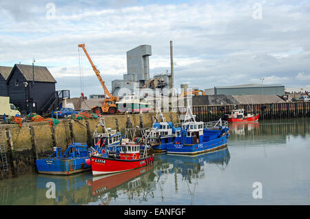 Fishing Boats in Whitstable Harbour.  Lisa Marie of Arun uses gill nets to catch fish   OlyRay and Cardium II are cockle dredges Stock Photo