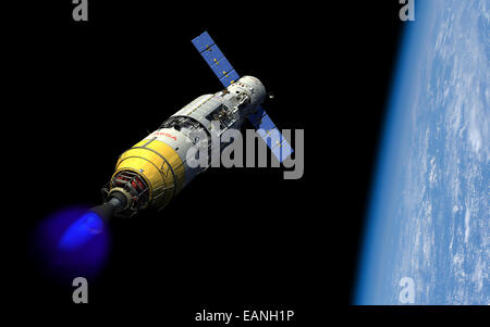 A manned orbital maintenance platform (OMP) docked with a manned reusable crew capsule (RCC) in low Earth orbit ignites an auxil Stock Photo