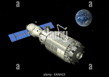 Typical configuration for a manned orbital maintenance platform (OMP) where it is docked with a free-flying crewed spacecraft. T Stock Photo