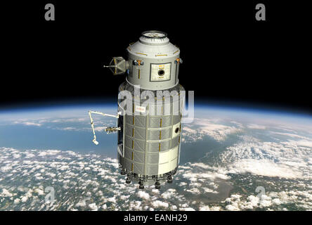 This orbital maintenance platform (OMP) is the artist's conception of a possible solution for providing manned access to Earth-o Stock Photo