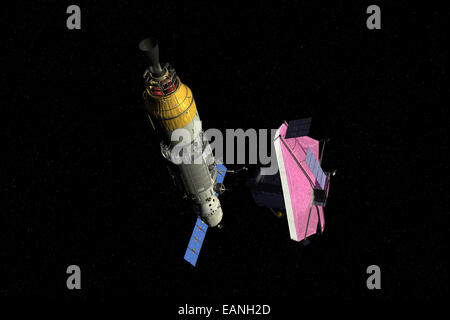 A manned orbital maintenance platform (OMP) sidles up to NASA's James Webb Space Telescope (JWST) for repair and upgrade. The Ja Stock Photo