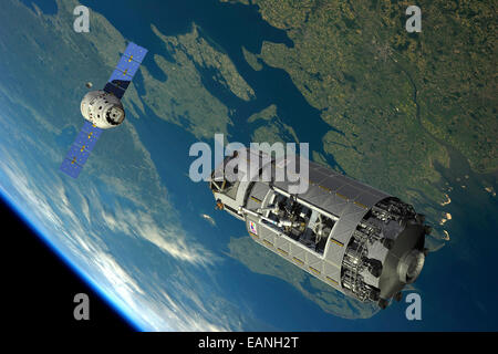 A manned reusable crew capsule (RCC) prepares to dock with an orbital maintenance platform (OMP) in low Earth orbit. Stock Photo