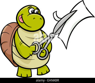 Cartoon Illustration of Funny Turtle Animal Character Cutting Paper with Scissors Stock Photo