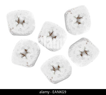 A group of powdered white sugar donuts isolated on a white background. Stock Photo