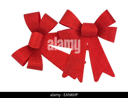 Two bright red holiday ribbons on a white background. Stock Photo