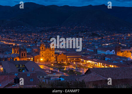 Iglesia La Compañía de Jesús; Church of the Society of Jesus; Jesuit Church, Plaza de Armas at dusk, Cuzco, Peru, South America Stock Photo