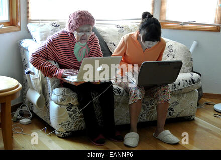 two women work on laptops at home Stock Photo