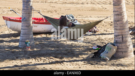 Hippy with dreadlocks playing a harmonica sitting in a hammock tied to palm trees on beach.
