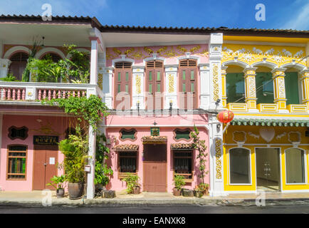 Renovated heritage architecture of Soi Rommanee in Phuket Old Town, Phuket Island, Thailand Stock Photo