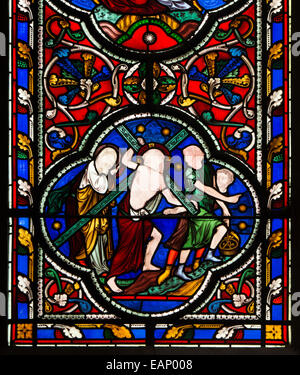 Christ carrying cross stained glass, East Window, Worcester Cathedral, UK Stock Photo