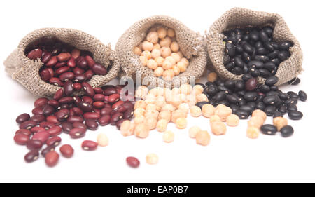 yellow peas and kidney beans in a sack on white background Stock Photo