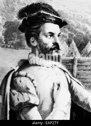 Vintage print depicting Jacques Cartier. Stock Photo