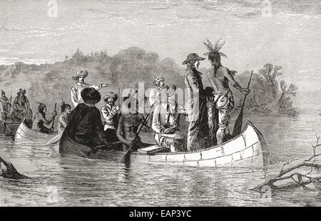 Father Jacques Marquette And Louis Joliet In A Canoe On The Upper ...