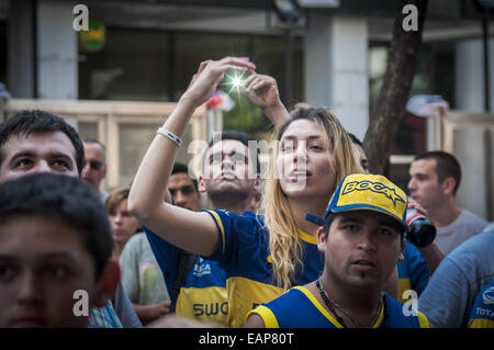 Nov. 18, 2014 - Buenos Aires, Buenos Aires, Argentina - Boca Juniors football club fans protest in front of the Legislature against a project that would build a new stadium with 80.000 seats, a hotel and a shopping mall and would mean abandoning the use of the traditional ''Bombonera''. ''La Bombonera'', built in 1940 with a capacity of nearly 60.000 people, is a symbol of the neighbourhood and a popular tourist attraction. (Credit Image: © Patricio Murphy/ZUMA Wire) Stock Photo