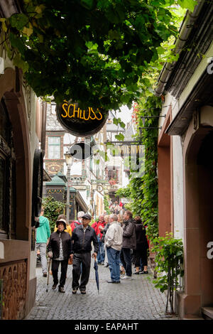 Tourists in famous popular narrow cobbled Drosselgasse street in old winegrowing town of Rüdesheim am Rhein, Hesse, Germany Stock Photo