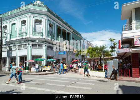 CIENFUEGOS, CUBA - MAY 7, 2014: A lively downtown street in the city of Cienfuegos, Cuba Stock Photo